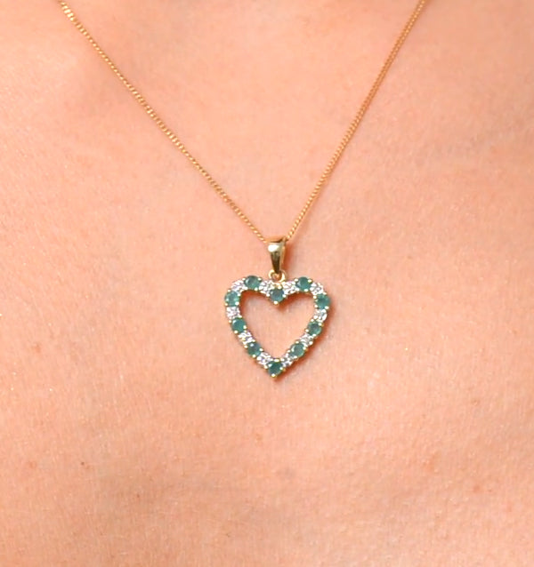 Emerald 0.54CT And Diamond 9K Yellow Gold Heart Pendant Necklace